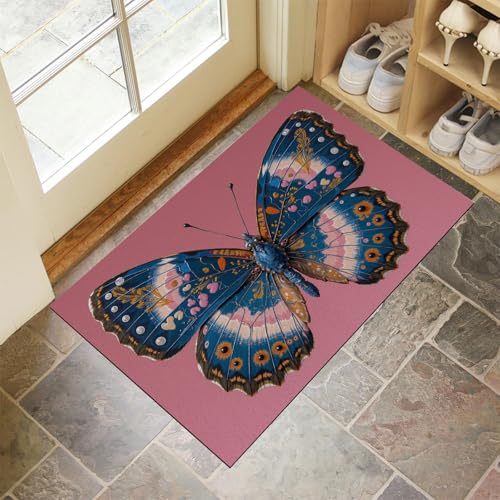 JEDTAKCT Dunkelrosa Waschbarer Teppich Schmetterlingsölgemälde Muster 90X150Cm Fantasytiere Eingangsbereich Modern Fußmatte Badezimmerteppich Weich rutschfest Kleiner Kurzflor Bad Schlafzimmer von JEDTAKCT