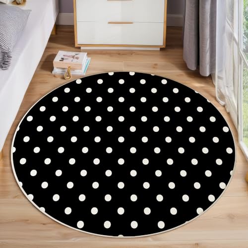 JEDTAKCT Einfache Tupfen Teppich, Waschbar 160 cm Runder Teppich Für Schlafzimmer, Moderne Geometrische Kinderteppich, Rutschfester Kreis Weicher Schwarz Für Schlafsaal Kinderzimmer Sofa von JEDTAKCT