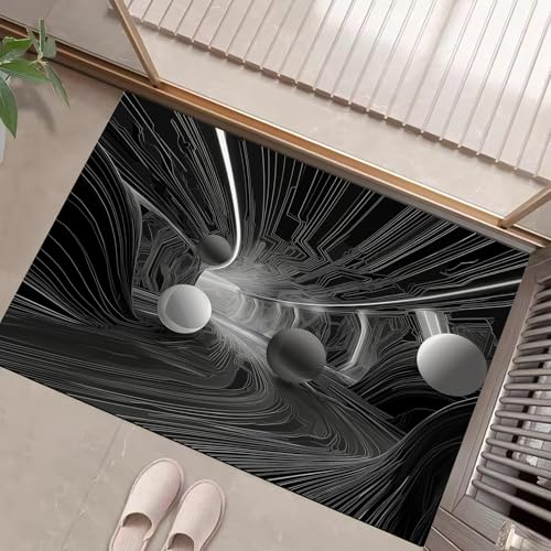 JEDTAKCT Eingangsteppich 3D Kugel Raum Abstrakte Streifen Schwarz Weiß Fußmatte Innen, rutschfeste Dauerhaft Fußmatte Waschbar Schmutz Widerstehen Türmatte Für Haustür Eingang 60X90Cm von JEDTAKCT
