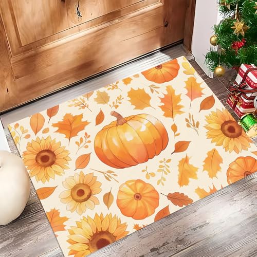 JEDTAKCT Eingangsteppich Aquarell Sonnenblumen Herbstkürbisse Orange Fußmatte Innen, rutschfeste Dauerhaft Fußmatte Waschbar Schmutz Widerstehen Türmatte Für Haustür Eingang 60X90Cm von JEDTAKCT