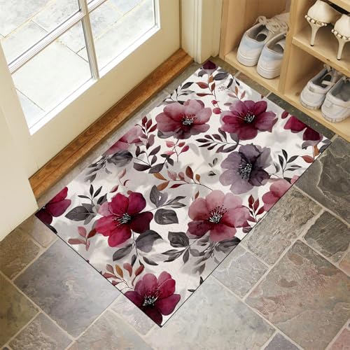 JEDTAKCT Eingangsteppich Aquarellblumen Gotische Pflanzen Bordeauxrot Fußmatte Innen, rutschfeste Dauerhaft Fußmatte Waschbar Schmutz Widerstehen Türmatte Für Haustür Eingang 60X90Cm von JEDTAKCT