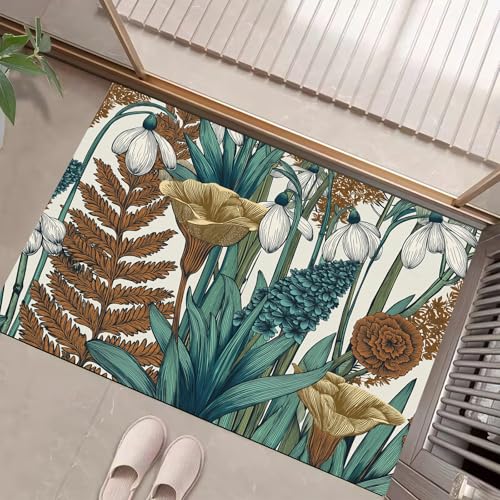 JEDTAKCT Eingangsteppich Blumen Farne Vintage Botanisches Poster Blaugrün Fußmatte Innen, rutschfeste Dauerhaft Fußmatte Waschbar Schmutz Widerstehen Türmatte Für Haustür Eingang 40X60Cm von JEDTAKCT