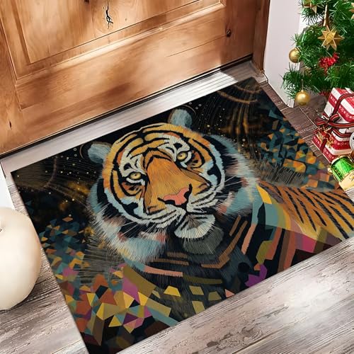 JEDTAKCT Eingangsteppich Geometrischer Tiger Abstraktes Tier Braun Fußmatte Innen, rutschfeste Dauerhaft Fußmatte Waschbar Schmutz Widerstehen Türmatte Für Haustür Eingang 90X150Cm von JEDTAKCT