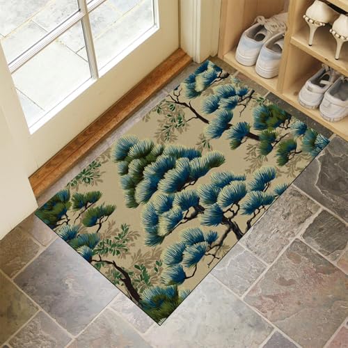 JEDTAKCT Eingangsteppich Kiefernbaum-Illustration Japanische Ästhetik Blaugrün Fußmatte Innen, rutschfeste Dauerhaft Fußmatte Waschbar Schmutz Widerstehen Türmatte Für Haustür Eingang 40X60Cm von JEDTAKCT