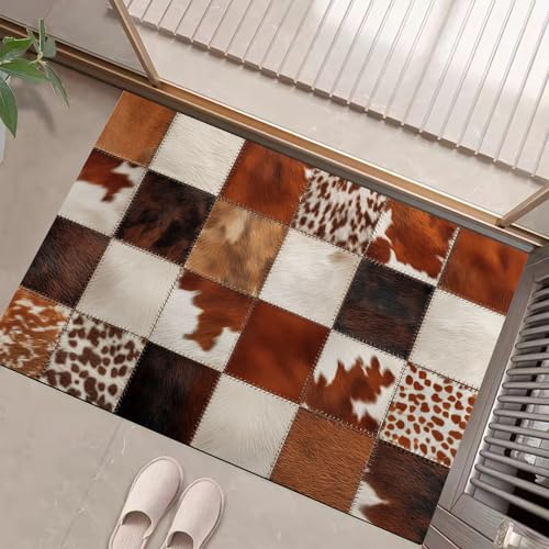 JEDTAKCT Eingangsteppich Kuhmuster Geometrisch Tier Patchwork Braun Fußmatte Innen, rutschfeste Dauerhaft Fußmatte Waschbar Schmutz Widerstehen Türmatte Für Haustür Eingang 90X150Cm von JEDTAKCT