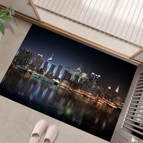 JEDTAKCT Eingangsteppich Nachthimmel New York Stadt Ozean Schwarz Fußmatte Innen, rutschfeste Dauerhaft Fußmatte Waschbar Schmutz Widerstehen Türmatte Für Haustür Eingang 80X120Cm von JEDTAKCT