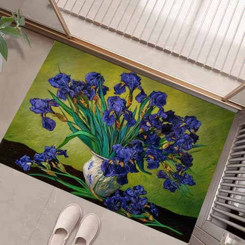 JEDTAKCT Eingangsteppich Ölgemälde Iris Vintage Pflanzen Olivgrün Fußmatte Innen, rutschfeste Dauerhaft Fußmatte Waschbar Schmutz Widerstehen Türmatte Für Haustür Eingang 60X90Cm von JEDTAKCT