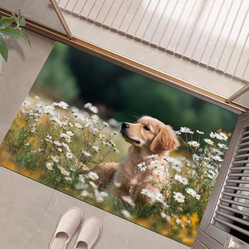 JEDTAKCT Eingangsteppich Süßer Golden Retriever Natürliche Blumen Smaragdgrün Fußmatte Innen, rutschfeste Dauerhaft Fußmatte Waschbar Schmutz Widerstehen Türmatte Für Haustür Eingang 90X150Cm von JEDTAKCT