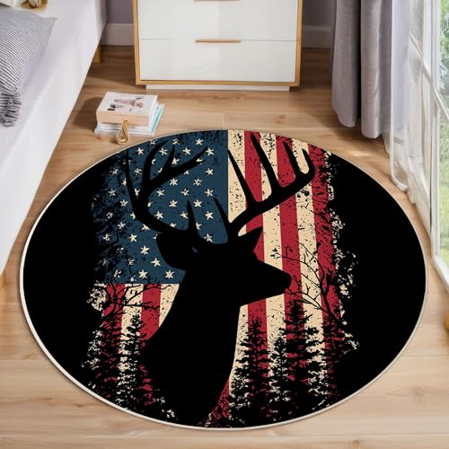 JEDTAKCT Elch-Silhouette Teppich, Waschbar 80 cm Runder Teppich Für Schlafzimmer, Amerikanische Flagge Im Used-Look Kinderteppich, Rutschfester Kreis Weicher Schwarz Für Schlafsaal Kinderzimmer Sofa von JEDTAKCT
