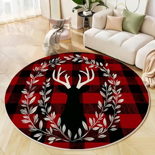 JEDTAKCT Elchkranz Teppich Rund 120Cm Kurzflor, Waschbare Teppiche Wohnzimmer Weihnachtsbüffelkariert, Runder Teppich 120Cm Durchmesser Schwarz Rot, Bettvorleger Schlafzimmer rutschfest Weich JEDTAKCT Elchkranz Teppich Rund 120Cm Kurzflor, Waschbare Teppiche Wohnzimmer Weihnachtsbüffelkariert, Runder Teppich 120Cm Durchmesser Schwarz Rot, Bettvorleger Schlafzimmer rutschfest Weich von JEDTAKCT