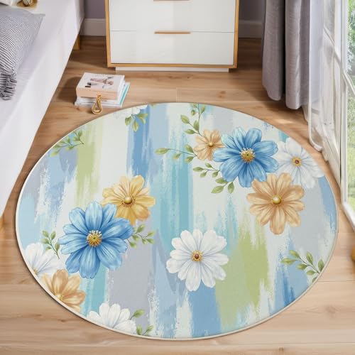 JEDTAKCT Elegant Floral Teppich Rund 160 cm rutschfest Teppiche Wohnzimmer, Ölgemälde Graffiti Waschbar Teppiche Kurzflor Weich Runder Teppich Blau Weiß for Schlafzimmer Studie Heimbüro von JEDTAKCT