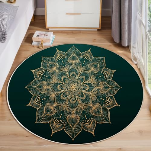 JEDTAKCT Elegantes Mandala Teppich, Waschbar 60 cm Runder Teppich Für Schlafzimmer, Luxuriöse Streifen Kinderteppich, Rutschfester Kreis Weicher Dunkelgrün Für Schlafsaal Kinderzimmer Sofa von JEDTAKCT