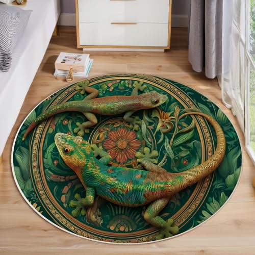 JEDTAKCT Fantasie Eidechse Teppich, Waschbar 60 cm Runder Teppich Für Schlafzimmer, Pflanzen Mandala Kinderteppich, Rutschfester Kreis Weicher Smaragdgrün Für Schlafsaal Kinderzimmer Sofa von JEDTAKCT