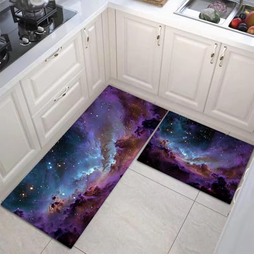 JEDTAKCT Fantasienebel Küchenmatten 2Er Set, 40X60Cm+40X120Cm Küchenteppich Waschbar rutschfest, Küchenteppiche, Violett Küchenläufer Für Badezimmer Zuhause Büro (Galaxie Weltraum) von JEDTAKCT