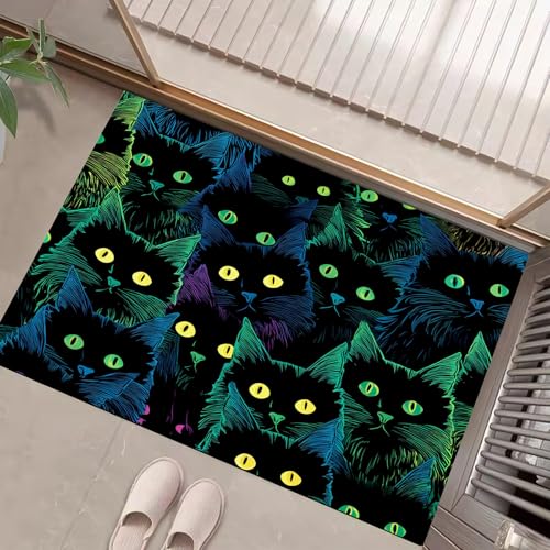 JEDTAKCT Fantasy Schwarze Katze Fussmatte Teppich 90X150Cm, Wohnzimmerteppich Schlafzimmerteppich, Blaugrün Waschbarer Fußmatte, Tier Poster Rutschfester Teppich Für Küche Flur Esszimmer von JEDTAKCT