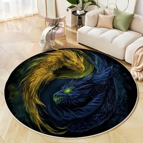 JEDTAKCT Fantasy Western Drache Teppich Rund 80 cm rutschfest Teppiche Wohnzimmer, Yin Yang Geometrie Waschbar Teppiche Kurzflor Weich Runder Teppich Blau Gelb for Schlafzimmer Studie Heimbüro von JEDTAKCT