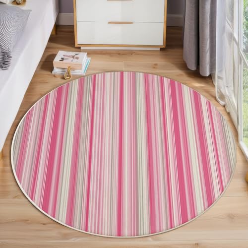 JEDTAKCT Farbverlaufsstreifen Teppich, Waschbar 100 cm Runder Teppich Für Schlafzimmer, Moderne Geometrische Kinderteppich, Rutschfester Kreis Weicher Rosa Und Weiß Für Schlafsaal Kinderzimmer Sofa von JEDTAKCT