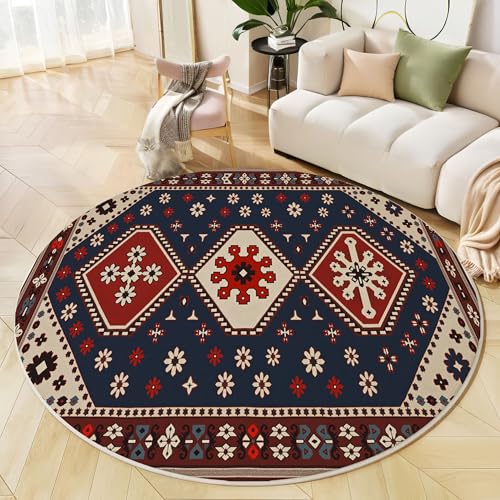 JEDTAKCT Floral Geometrisch Teppich Rund 120Cm Kurzflor, Waschbare Teppiche Wohnzimmer Traditionelle Ästhetik, Runder Teppich 120Cm Durchmesser Bordeauxrot, Bettvorleger Schlafzimmer rutschfest Weich von JEDTAKCT