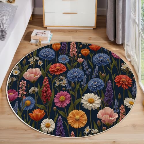 JEDTAKCT Frühlingswildblumen Teppich, Waschbar 80 cm Runder Teppich Für Schlafzimmer, Botanische Ästhetik Kinderteppich, Rutschfester Kreis Weicher Tiefblau Für Schlafsaal Kinderzimmer Sofa von JEDTAKCT