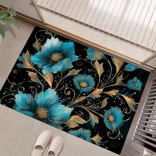 JEDTAKCT Funkelnde Blumen Fussmatte Teppich 40X60Cm, Wohnzimmerteppich Schlafzimmerteppich, Türkis Waschbarer Fußmatte, Fantasiewirbel Rutschfester Teppich Für Küche Flur Esszimmer von JEDTAKCT