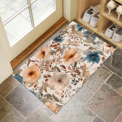 JEDTAKCT Fußmatte Für Den Innenbereich 50X80Cm, Maschinenwaschbar, Aquarellblumen Vintage-Pflanzen, Pfirsichrosa Kleiner Teppich, rutschfest Niedriger Flor Teppiche Für Eingangsbereich Küche von JEDTAKCT
