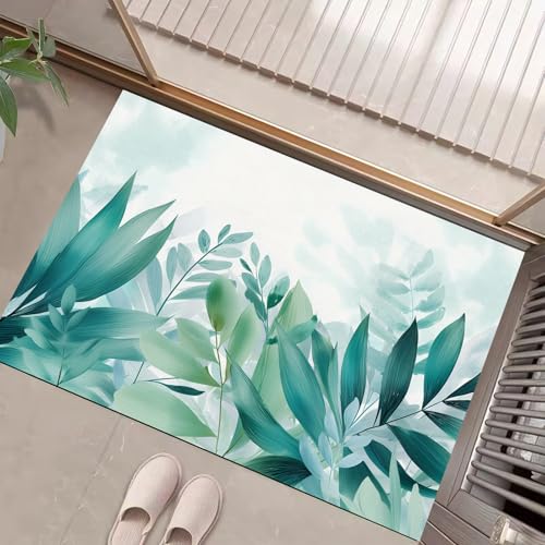JEDTAKCT Fußmatte Für Den Innenbereich 60X90Cm, Maschinenwaschbar, Tropische Blätter Botanische Illustration, Blaugrün Kleiner Teppich, rutschfest Niedriger Flor Teppiche Für Eingangsbereich Küche von JEDTAKCT