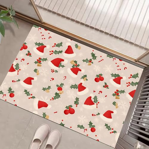 JEDTAKCT Fussmatte Innen 40X60Cm, Schneeflocken Weihnachtsmütze Schlanke rutschfeste Fußmatte Für Den Innenbereich, Cartoon Poster Fußabtreter Türmatte, Absorbiert Wasser Schmutzfangmatte, Braun von JEDTAKCT