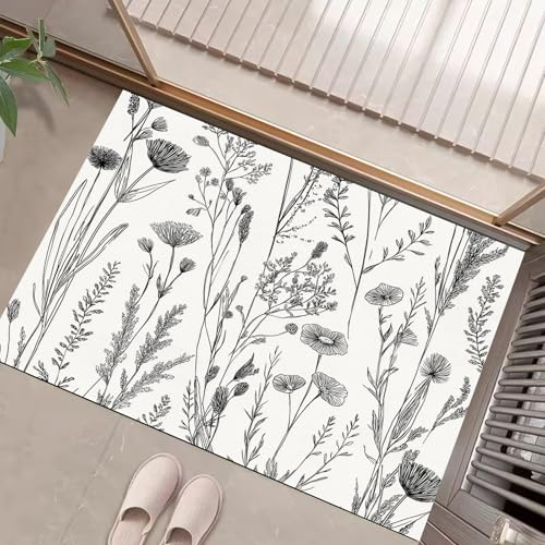 JEDTAKCT Fussmatte Innen 50X80Cm, Handgemalte Blumen Schlanke rutschfeste Fußmatte Für Den Innenbereich, Einfache Pflanzen Fußabtreter Türmatte, Absorbiert Wasser Schmutzfangmatte, Schwarz Weiß von JEDTAKCT