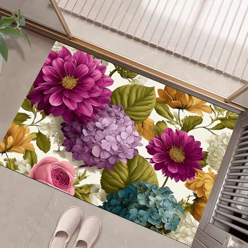 JEDTAKCT Fussmatte Innen 50X80Cm, Hortensie Dahlie Schlanke rutschfeste Fußmatte Für Den Innenbereich, Natürliche Pflanzen Fußabtreter Türmatte, Absorbiert Wasser Schmutzfangmatte, Pflaumenfarbe von JEDTAKCT