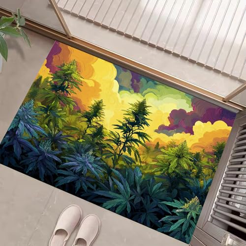 JEDTAKCT Fussmatte Innen 50X80Cm, Psychedelischer Rauch Schlanke rutschfeste Fußmatte Für Den Innenbereich, Pflanze Poster Fußabtreter Türmatte, Absorbiert Wasser Schmutzfangmatte, Olivgrün von JEDTAKCT
