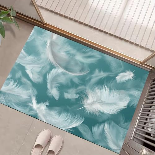 JEDTAKCT Fussmatte Innen 80X120Cm, 3D-Fantasiefedern Schlanke rutschfeste Fußmatte Für Den Innenbereich, Elegantes Poster Fußabtreter Türmatte, Absorbiert Wasser Schmutzfangmatte, Himmelblau von JEDTAKCT
