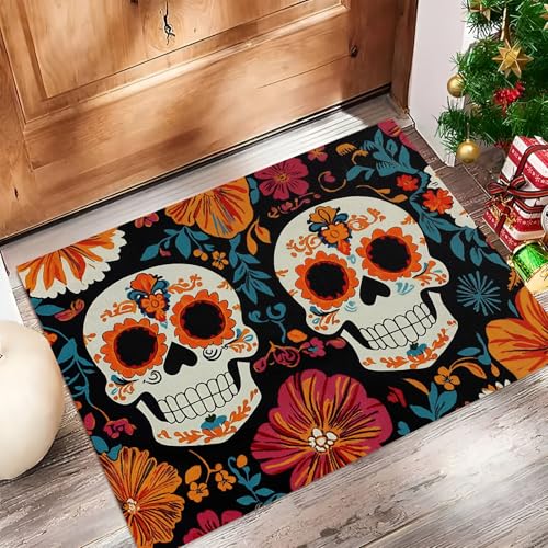 JEDTAKCT Fußmatte Mexikanischer Zuckerschädel 40X60Cm Willkommens Fussmatte Mit Antirutsch Oberfläche - Indigo Für Hauseingänge Flure Außentüren Wohnaccessoires, Traditionelle Pflanzen von JEDTAKCT