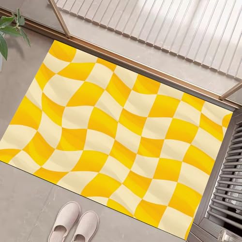 JEDTAKCT Gelb Weiß Fußmatte Innen 40X60Cm, Wellenförmiges Schachbrett Waschbar Fussmatte Eingangsteppich Innen, Schmutzfangmatte rutschfest, Retro Geometrie Kurzflor Türmatte Teppich Für Eingang JEDTAKCT Gelb Weiß Fußmatte Innen 40X60Cm, Wellenförmiges Schachbrett Waschbar Fussmatte Eingangsteppich Innen, Schmutzfangmatte rutschfest, Retro Geometrie Kurzflor Türmatte Teppich Für Eingang von JEDTAKCT