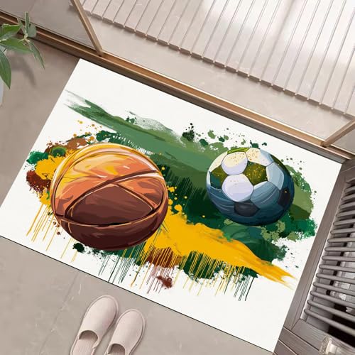 JEDTAKCT Gelbgrün Waschbarer Teppich Basketball Fußball Muster 60X90Cm Tintenspritzer Eingangsbereich Modern Fußmatte Badezimmerteppich Weich rutschfest Kleiner Kurzflor Bad Schlafzimmer von JEDTAKCT