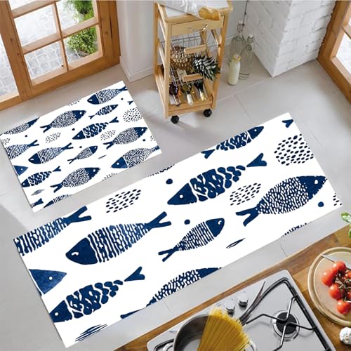 JEDTAKCT Geometrische Fische Küchenmatten 2Er Set, 44X75Cm+44X120Cm Küchenteppich Waschbar rutschfest, Küchenteppiche, Marine Küchenläufer Für Badezimmer Zuhause Büro (Böhmische Tiere) von JEDTAKCT