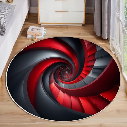 JEDTAKCT Geometrische Spirale Teppich, Waschbar 100 cm Runder Teppich Für Schlafzimmer, Abstrakter Raum Kinderteppich, Rutschfester Kreis Weicher Schwarz Und Rot Für Schlafsaal Kinderzimmer Sofa von JEDTAKCT