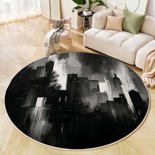 JEDTAKCT Geometrische Stadt Teppich Rund 100Cm Kurzflor, Waschbare Teppiche Wohnzimmer Abstraktes Ölgemälde, Runder Teppich 100Cm Durchmesser Schwarz Weiß, Bettvorleger Schlafzimmer rutschfest Weich von JEDTAKCT