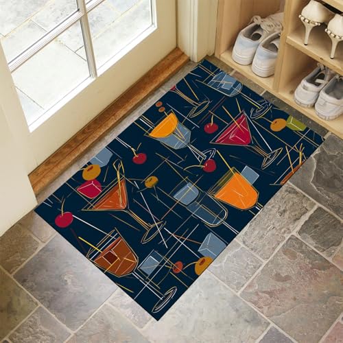 JEDTAKCT Geometrischer Cocktail Teppich Wohnzimmer Schlafzimmer Mid-Century-Ästhetik Waschbare Fußmatte Innen Dunkelblau Kurzflor rutschfest Dünne Fussmatte Schmutzfangmatte Für Küche 90X150Cm von JEDTAKCT