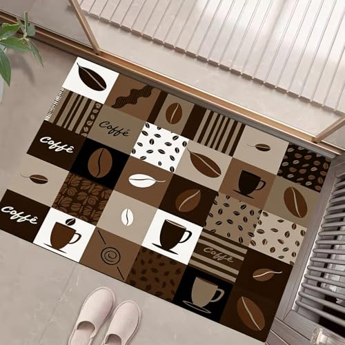 JEDTAKCT Geometrisches Patchwork Fußmatte Teppich Kaffeethema Kurzflor Fussmatte Rostbraun Türmatte rutschfest Waschbarer Retro Teppich Für Esszimmer Flur Eingangsbereich Fußabtreter 40X60Cm von JEDTAKCT