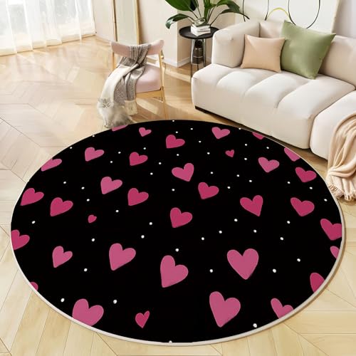 JEDTAKCT Gepunktetes Herz Teppich Rund 100Cm Kurzflor, Waschbare Teppiche Wohnzimmer Einfache Geometrie, Runder Teppich 100Cm Durchmesser Dunkelrosa, Bettvorleger Schlafzimmer rutschfest Weich von JEDTAKCT