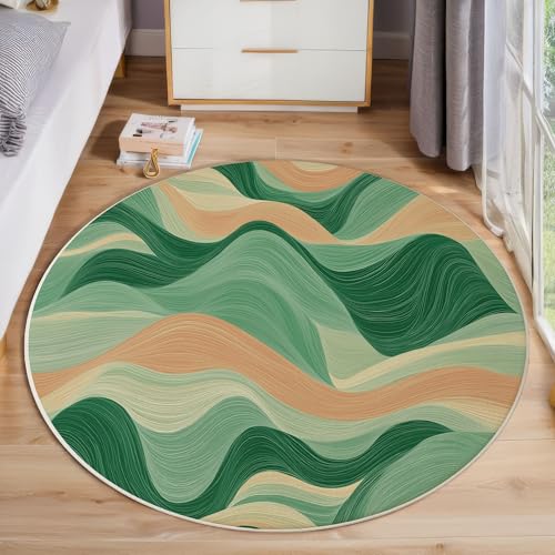 JEDTAKCT Gestreifte Welle Teppich, Waschbar 160 cm Runder Teppich Für Schlafzimmer, Modische Geometrische Kinderteppich, Rutschfester Kreis Weicher Smaragdgrün Für Schlafsaal Kinderzimmer Sofa von JEDTAKCT