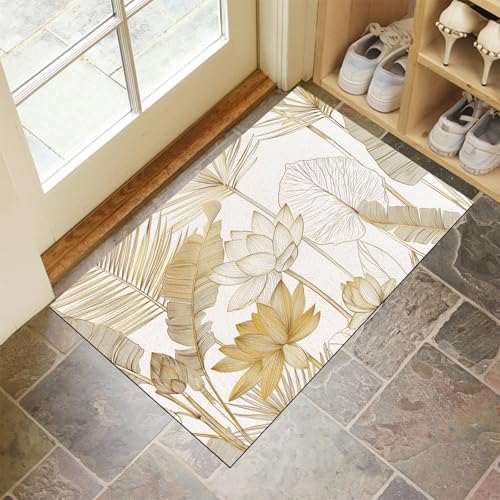 JEDTAKCT Gold Waschbarer Teppich Lotus Bananenblatt Muster 60X90Cm Luxuriöse Pflanzen Eingangsbereich Modern Fußmatte Badezimmerteppich Weich rutschfest Kleiner Kurzflor Bad Schlafzimmer von JEDTAKCT