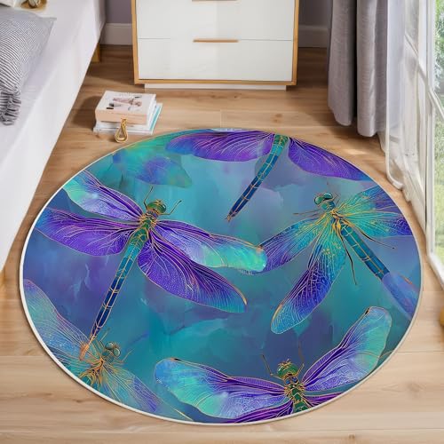 JEDTAKCT Goldfolie Libelle Teppich, Waschbar 200 cm Runder Teppich Für Schlafzimmer, Fantasy Tiere Kinderteppich, Rutschfester Kreis Weicher Blau Lila Für Schlafsaal Kinderzimmer Sofa von JEDTAKCT