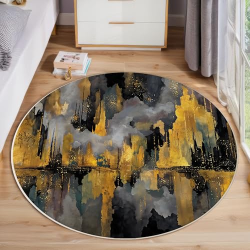 JEDTAKCT Goldfolienstadt Teppich, Waschbar 200 cm Runder Teppich Für Schlafzimmer, Abstraktes Ölgemälde Kinderteppich, Rutschfester Kreis Weicher Schwarzes Gold Für Schlafsaal Kinderzimmer Sofa von JEDTAKCT