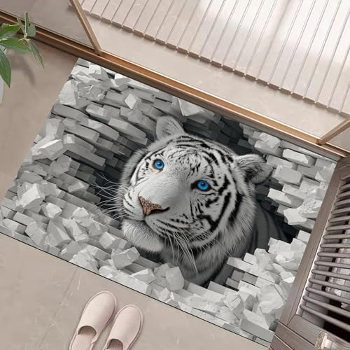 JEDTAKCT Grau Weiß Waschbarer Teppich 3D Wild White Tiger Muster 60X90Cm Tier Ziegelwand Eingangsbereich Modern Fußmatte Badezimmerteppich Weich rutschfest Kleiner Kurzflor Bad Schlafzimmer JEDTAKCT Grau Weiß Waschbarer Teppich 3D Wild White Tiger Muster 60X90Cm Tier Ziegelwand Eingangsbereich Modern Fußmatte Badezimmerteppich Weich rutschfest Kleiner Kurzflor Bad Schlafzimmer von JEDTAKCT