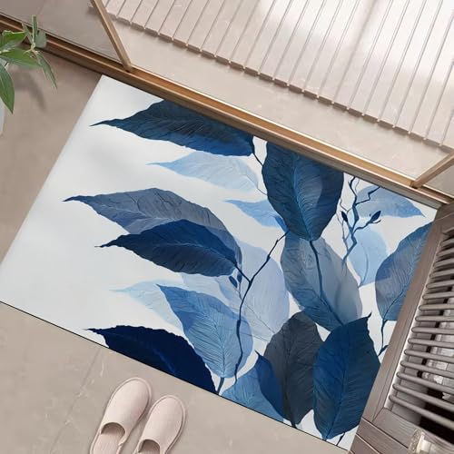 JEDTAKCT Handgemalte Blätter Fußmatte Innen Waschbar, Fussmatte Dünn Kurzflor, Kleiner Einfache Pflanzen Eingangsteppich, Bettvorleger rutschfest Für Ecke Küche, Marineblau, 40X60Cm von JEDTAKCT