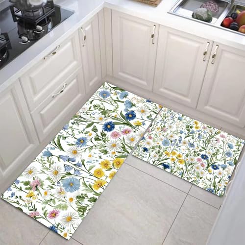 JEDTAKCT Handgemalte Wildblumen Küchenmatten 2Er Set, 44X75Cm+44X120Cm Küchenteppich Waschbar rutschfest, Küchenteppiche, Salbeigrün Küchenläufer Für Badezimmer Zuhause Büro (Frühlingspflanzen) von JEDTAKCT
