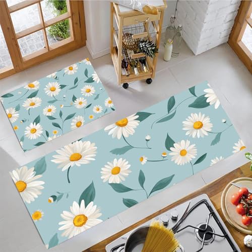 JEDTAKCT Handgemaltes Gänseblümchen Küchenteppich Sets 2 Stück Flur Läufer Niedliche Blumen Muster Teppichläufer Himmelblau Küchenläufer Teppiche rutschfest Waschbar Für Bettvorleger 50X80Cm+50X150Cm von JEDTAKCT