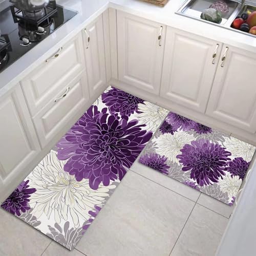JEDTAKCT Handgezeichnete Chrysantheme Küchenmatten 2Er Set, 40X60Cm+40X120Cm Küchenteppich Waschbar rutschfest, Küchenteppiche, Violett Küchenläufer Für Badezimmer Zuhause Büro (Vintage Blumen) von JEDTAKCT