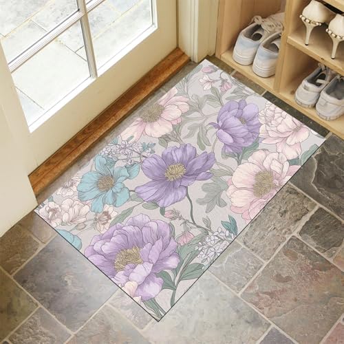 JEDTAKCT Hellgrau Waschbarer Teppich Romantische Blumen Muster 80X120Cm Botanisch Poster Eingangsbereich Modern Fußmatte Badezimmerteppich Weich rutschfest Kleiner Kurzflor Bad Schlafzimmer von JEDTAKCT